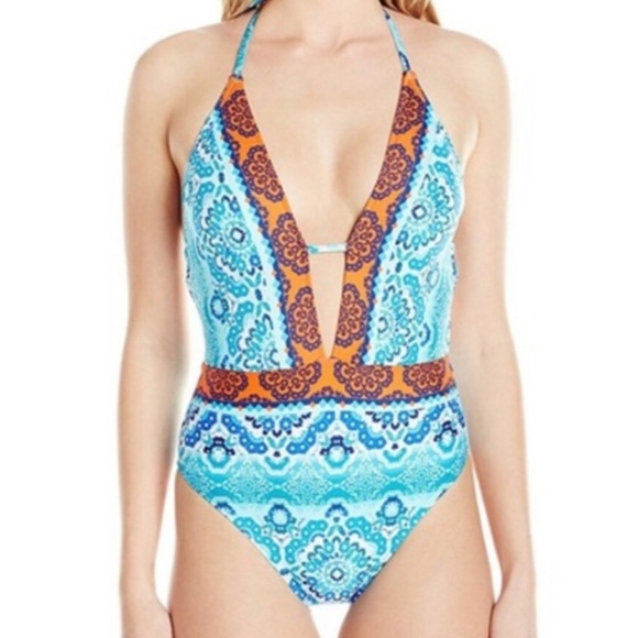 La Blanca Swim La Blanca Plunge Neck Halter Tie One Piece Blue 6